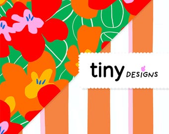 Modern Flowers & Apricot Stripes Seamless Pattern Pack | Orange and Colorful Floral Paper, Cottagecore Scrapbook, Printable boho Fabric
