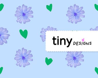 Purple Cutie Flowers Seamless Pattern Autumn Floral Digital Paper with Green Hearts | Back to School Fabric & Crafts