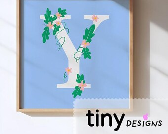 Floral Letter Art | Name Initial Printable | Nursery Decor | Baby Shower Gift | Stationery or Poster art | Digital Download PNG + PDF | Y |