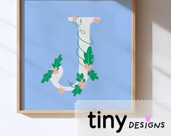 Floral Letter Art | Name Initial Printable | Nursery Decor | Baby Shower Gift | Stationery or Poster art | Digital Download PNG + PDF | J |