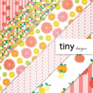 Peut inclure: Un pack de papier numérique avec cinq motifs différents mettant en scène des agrumes, des formes géométriques et des rayures en rose, jaune, vert et blanc. Le texte "tiny designs" est au centre de l'image.