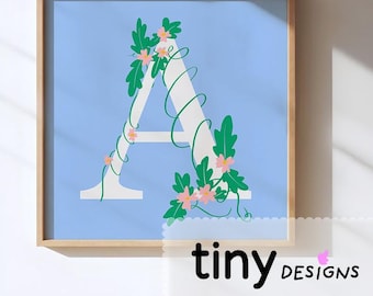 Floral Letter Art | Name Initial Printable | Nursery Decor | Baby Shower Gift | Stationery or Poster art | Digital Download PNG + PDF | A |