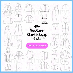 Peut inclure: Illustration vectorielle en noir et blanc d'un ensemble de vêtements, comprenant des vestes, des pantalons, des salopettes et un body. Le texte "40+ Vector Clothing set" est affiché, avec "PNG + SVG Bundle".