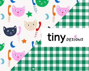 Cutie Cats & Petit Green Gingham Duo Pack – Cats on the Phone + Green Heart Gingham Pattern | Kawaii Seamless Bundle for Crafts and Fabric