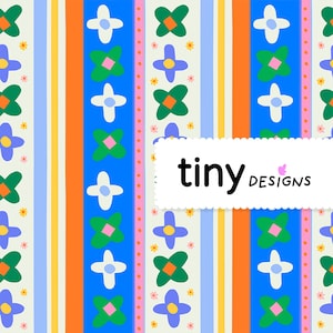 Peut inclure: Un motif coloré avec des rayures verticales orange, bleu et crème, entrecoupées de rangées de fleurs stylisées vertes, violettes et blanches. Le texte "tiny designs" est affiché sur une bannière blanche.