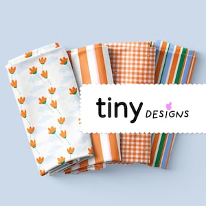 May include: A collection of folded fabric samples with various patterns. Designs include orange floral, orange and white stripes, orange gingham, and blue and orange stripes. The text "tiny designs" is displayed on a white scalloped banner.