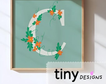 Floral Letter Art | Name Initial Printable | Nursery Decor | Baby Shower Gift | Stationery or Poster art | Digital Download PNG + PDF | C |