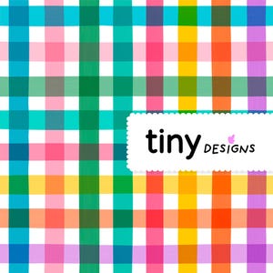 May include: A vibrant plaid design featuring a mix of colours such as pink, green, blue, yellow, and orange. The pattern is formed by intersecting vertical and horizontal lines. The text "tiny designs" is in a white rectangle.
