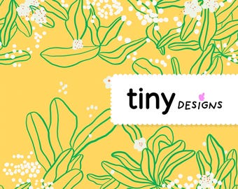 White Laurel & Vibrant Green on Butter Yellow – Seamless Hand-Drawn Digital Paper, Modern Retro Botanical Print  for Fabric or Wallpaper
