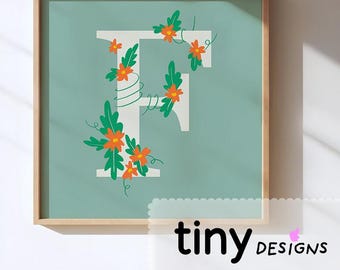 Floral Letter Art | Name Initial Printable | Nursery Decor | Baby Shower Gift | Stationery or Poster art | Digital Download PNG + PDF | F |