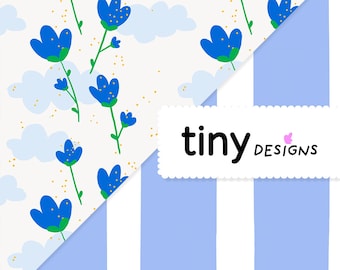Cornflower & Riviera Duo Pack | Blue Florals and Hand-Drawn Stripes | Seamless Pattern Set | Coastal Fabric | Digital Paper