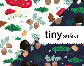 Woodland Day & Night Pattern Duo – Whimsical Mushrooms, Moss, Acorns | Cute Seamless Digital Papers for Kids or Baby Projects, Fabric print