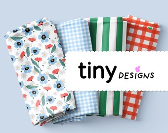 Assorted Wild Flower 4 Pack | Wild Flowers, Light Blue Gingham, Foliage & Marshmallow Stripes, Tulip red Gingham | Seamless Fabric Bundle