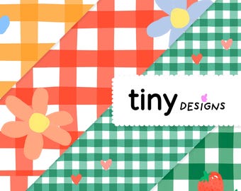 Gingham Seamless Pattern Bundle – 4 Digital Papers | Tiny Green and hearts, Daisy detail, Strawberry gingham, Orange and hearts