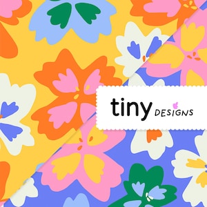 May include: A vibrant floral pattern featuring large, stylized flowers in shades of yellow, orange, pink, blue, green, and white. The text "tiny designs" is displayed on a white rectangular label.