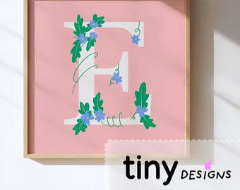 Floral Letter Art | Name Initial Printable | Nursery Decor | Baby Shower Gift | Stationery or Poster art | Digital Download PNG + PDF | E |