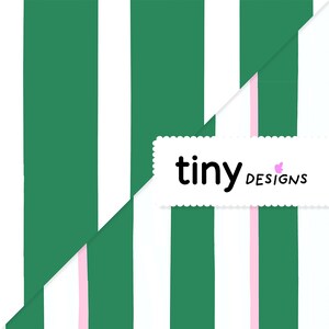 May include: A digitally created pattern featuring vertical stripes in green, white, and a thin pink accent. The text "tiny DESIGNS" is displayed on a white, scalloped-edge banner, with a small pink butterfly icon.
