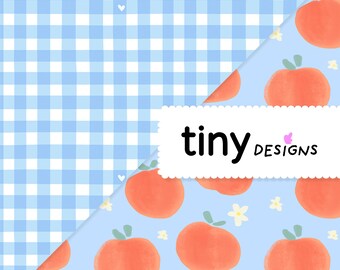 Peaches & Light Blue Gingham Duo Pack | Blue assorted fabric prints Hand-Drawn | Seamless Pattern Set | Coastal Vibe | Digital Paper