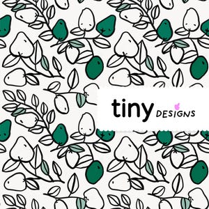 Peut inclure: Motif répété de fruits blancs en forme de poire et de fruits verts en forme de goutte d'eau avec des tiges et des feuilles noires sur fond blanc. Le texte "tiny designs" est dans un rectangle blanc.