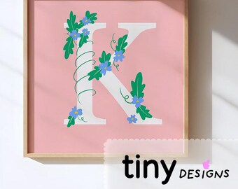 Floral Letter Art | Name Initial Printable | Nursery Decor | Baby Shower Gift | Stationery or Poster art | Digital Download PNG + PDF | K |