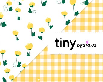 Buttercup & Yellow Gingham Duo Pack | Floral + Heart Gingham Seamless Patterns | Digital Fabric Bundle | Butter Yellow Set