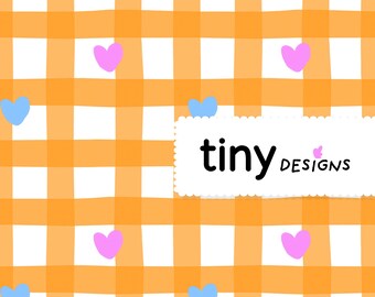 Orange Gingham Hearts Seamless Pattern Hand-Drawn Blue & Pink Hearts | Summer Fabric, DIY Crafts, Digital Paper, Personal Use