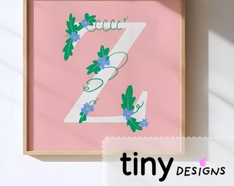 Floral Letter Art | Name Initial Printable | Nursery Decor | Baby Shower Gift | Stationery or Poster art | Digital Download PNG + PDF | Z |