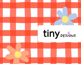 Red Gingham Daisy Seamless Pattern Hand-Drawn Blue & Pink Flowers | Summer Fabric, DIY Crafts, Digital Paper for Personal Use