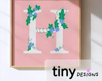 Floral Letter Art | Name Initial Printable | Nursery Decor | Baby Shower Gift | Stationery or Poster art | Digital Download PNG + PDF | H |