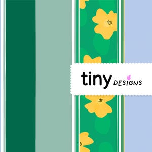 Peut inclure: Un motif coloré avec des rayures verticales vertes, bleu clair et vert clair, avec un motif floral jaune. Le texte "tiny designs" est affiché sur une bannière blanche.