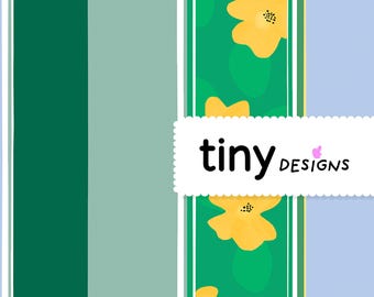 Boho Stripe Pattern Sage & Pine Green with Yellow Waterlilies | Summer Seamless Digital Paper PNG + PDF | Instant Download