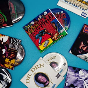 90s Classic Hip-Hop Album Magnets with Handmade Mini Record Jackets and Miniature Crate