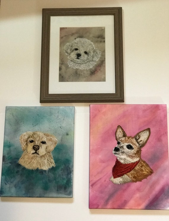 Custom Order Thread Painted Free Motion Embroidery Pet Portrait on Hand Painted Background Wall Art Picture Memorial