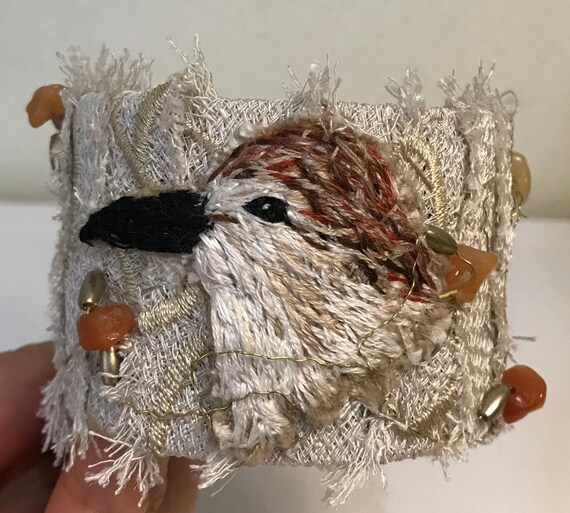 Thread Painted Sandpiper Embroidered Textile Art Cuff Bracelet