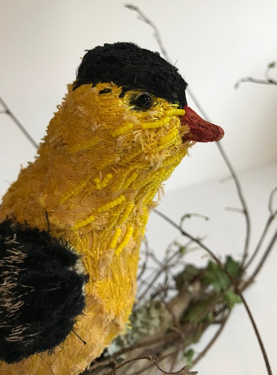 Soft Sculpture Goldfinch Yellow Bird Vintage Wedding Decor Song Bird Baby Shower Decor Nature Decor Original Art