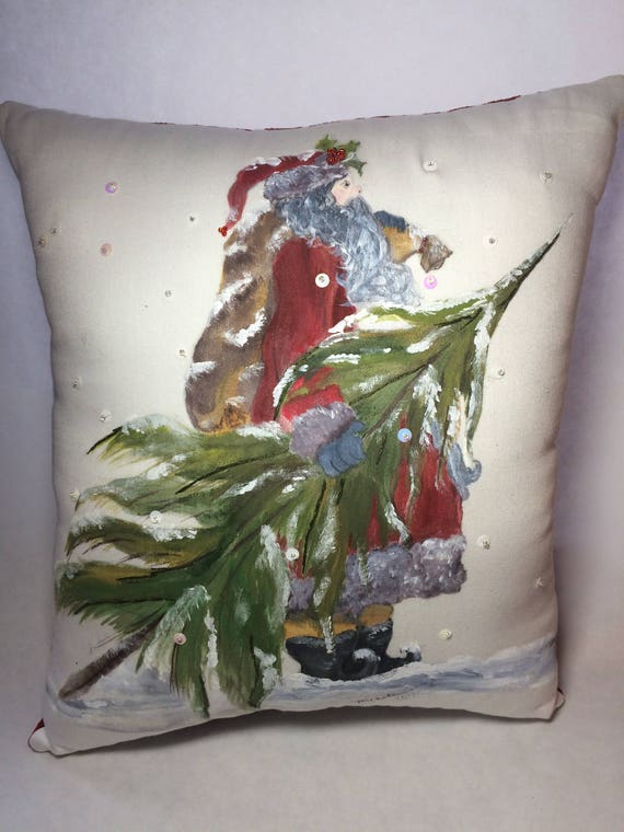 SALE,Hand painted Hand Sewn Vintage St Nick Santa Christmas Pillow, interior decor, savings
