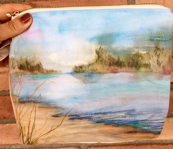 Hand Painted Organic Cotton Beach Scene Wristlet