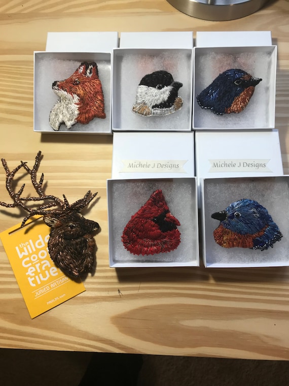 Made To Order Bird and Animal Thread Painted Hand Embroidered Wearable Art Brooch Pins