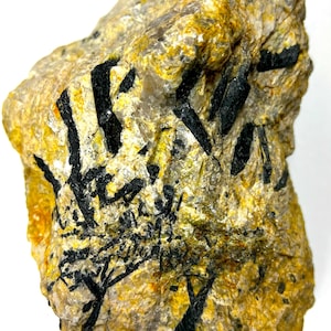 May include: A close-up of a rock with black and yellow streaks. The rock has a rough texture and is likely a type of metamorphic rock.