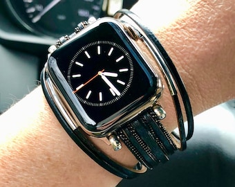 Correa pequeña de cuero negro para Apple Watch: brazalete de cadena plateada