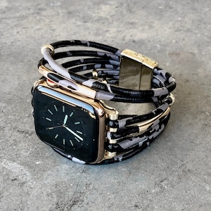 Black Camouflage Apple Watch Cuff Bracelet Band with Gold Magnetic Clasp by Kaylie Fry Creative