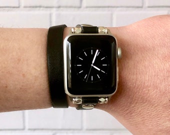 Pulseira de couro preta dupla para Apple Watch, com fecho de fivela prateada KaylieFryCreative