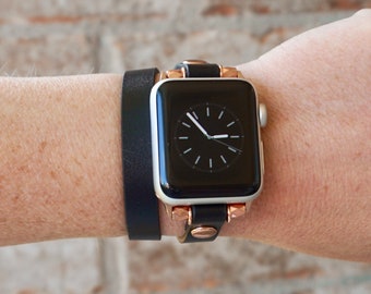 Correa de cuero negro y oro rosa de doble vuelta para Apple Watch
