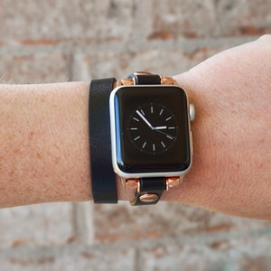 Rose Gold Black Leather Double Wrap Apple Watch Band