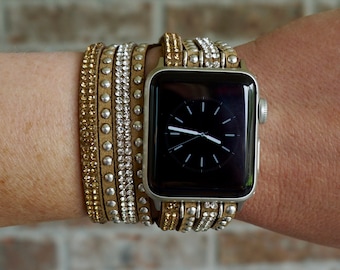 Correa para Apple Watch con brillantes tachuelas de diamantes de imitación: correa para iWatch de doble vuelta en color caqui