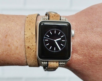 Correa de corcho doble para Apple Watch: detalles plateados, correa de cuero