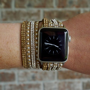 Bling Khaki Rhinestone and Studded Double Wrap Apple Watch Band Strap iWatch, Silver Buckle Clasp, by KaylieFryCreative