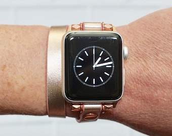 Correa de cuero para Apple Watch en oro rosa: correa de doble vuelta para iWatch