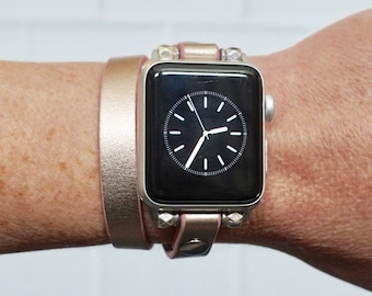 Rose Gold Shimmer Leather Apple Watch Band: Double Wrap with Silver Accents