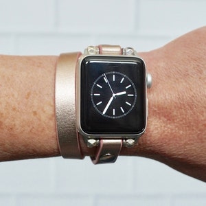 Rose Gold Shimmer Leather Apple Watch Band: Double Wrap with Silver Accents